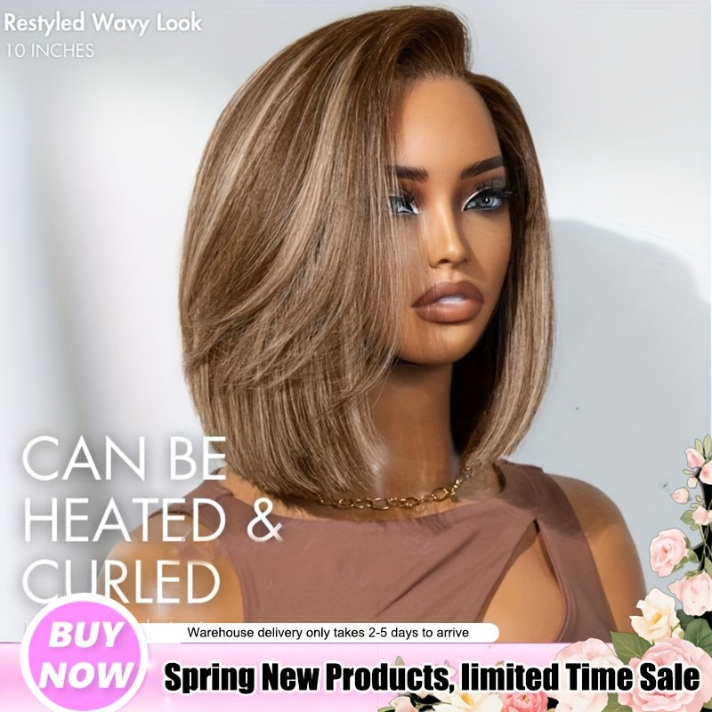 4/27 Highlight Ombre Straight Short Bob Lace Front Wig - 220% Density Human Hair with HD Transparent Lace Closure & Pre-Plucked Baby Hair, Honey Blonde to Dark Brown Gradient - Elegant Style for Women, Perfect for Parties, We